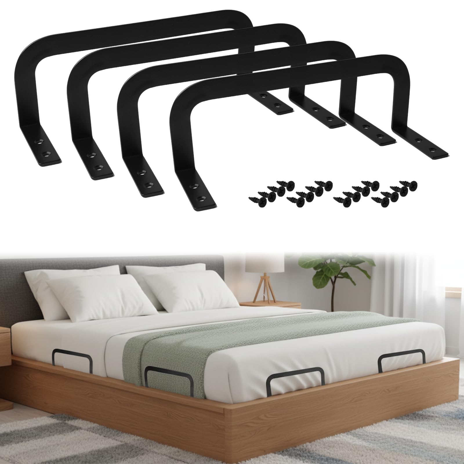 SDLDEER 4 Pcs Bed Mattress Retainer, Non-Slip Metal Mattress Holder, Keep Mattress Topper from Sliding, Easy to Installation, Bed Stopper for Wooden Bed Slats and Bed Frames