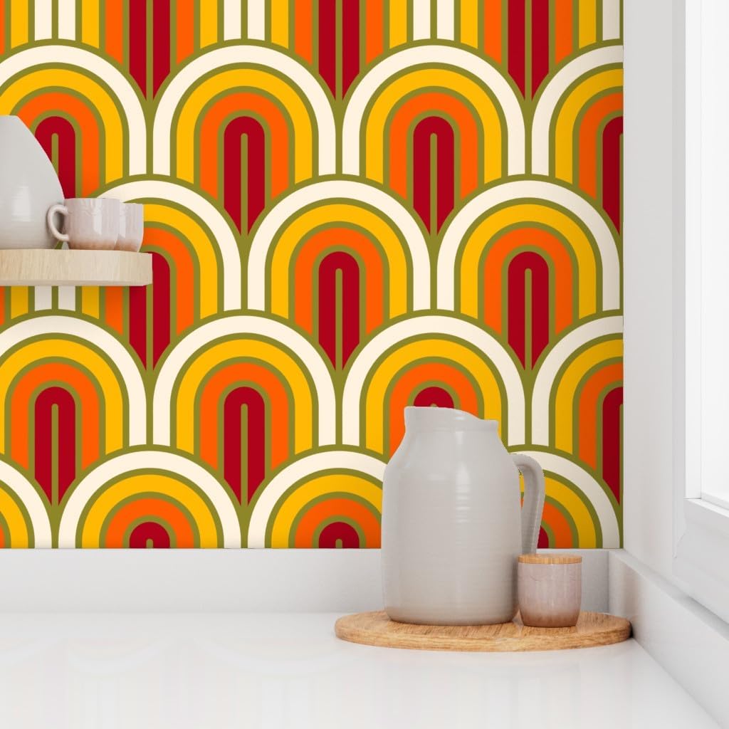 Peel & Stick Wallpaper 3ft x 2ft - Geometric Pattern Art Deco Sunset White Yellow Red Retro Orange Gold Custom Removable Wallpaper by Spoonflower