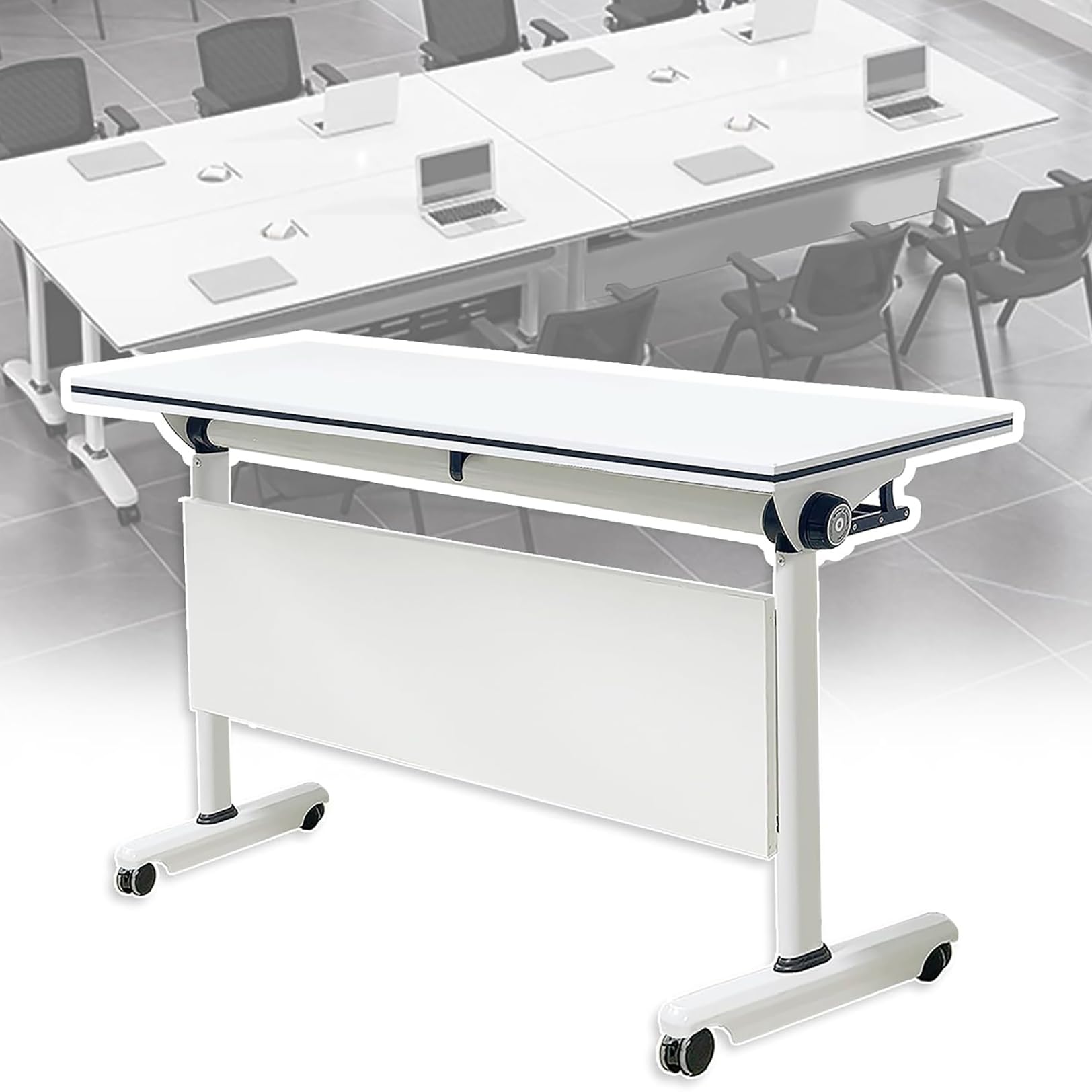 HTDRE Mobile Folding Conference Table with Lockable Wheels Flip-Top Design Space-Saving & Metal Frame - Perfect for Office Meetings Training Seminars & Events