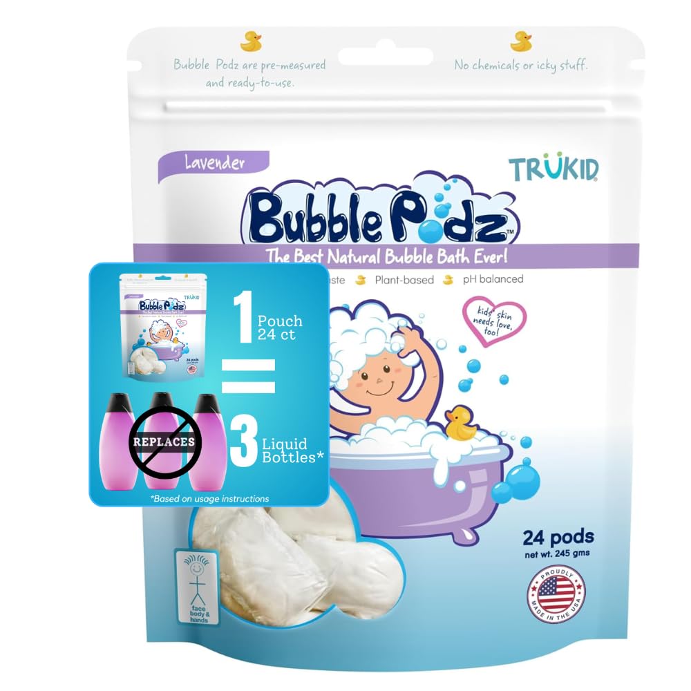 TruKid Bubble Podz Bubble Bath for Kids, Toddlers, & Babies, Tear Free Gentle & Refreshing Bath Bomb for Sensitive Skin with Natural Moisturizers, Non-Toxic, pH Balanced, Lavender Scent (24 Podz)