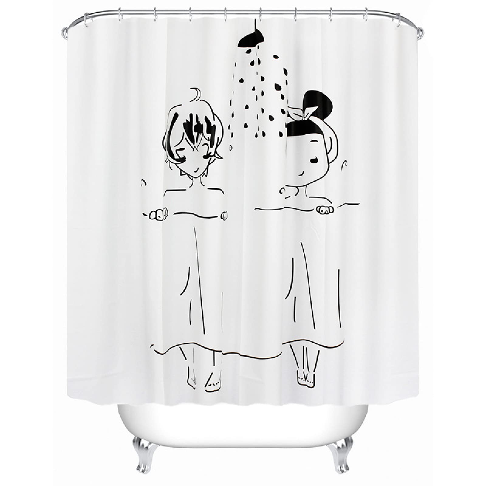 Shower Curtains Black Line Girl Wet Room Shower Curtain Mould Proof Resistant Waterproof Polyster Fabric Washable with 12 Hooks Garden Bathroom Curtains (180x220cm)