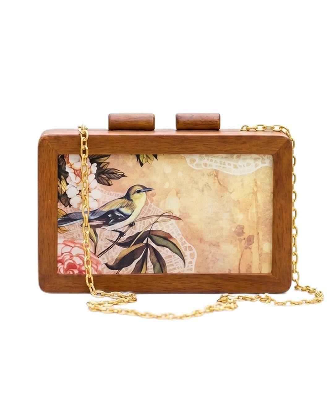 Wooden Box Clutch with Bird and Floral Design, Brown, Vintage Style Evening Purse with Chain Strap-image-7