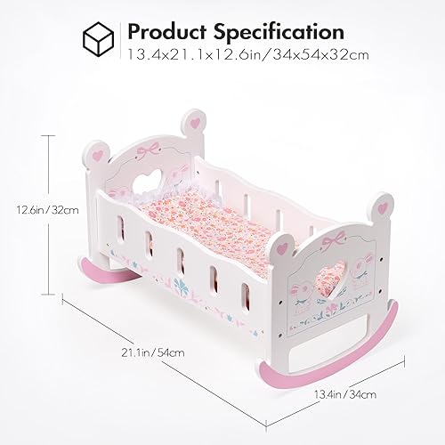 Miniatura 4 de ROBOTIME Cuna de muñeca de juguete para muñecas de 18 pulgadas, muebles de cama de madera con almohadilla rosa, manta y almohada, regalo para