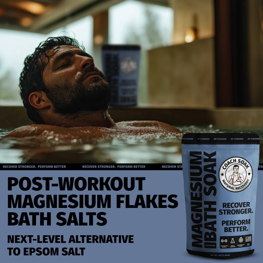 Coach Soak Recovery Bath Salts, Copos de magnesio naturales rejuvenecedores post-entrenamiento, 21 minerales y aceites esenciales (Sin perfume)