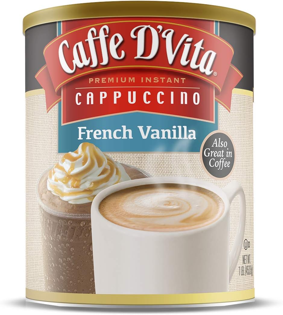 Caffe D’Vita French Vanilla Cappuccino Mix - Instant Cappuccino Mix, French Vanilla Instant Coffee, Gluten Free, No Cholesterol, No Hydrogenated Oils, 99% Caffeine Free - 16 Oz Can, 6-Pack