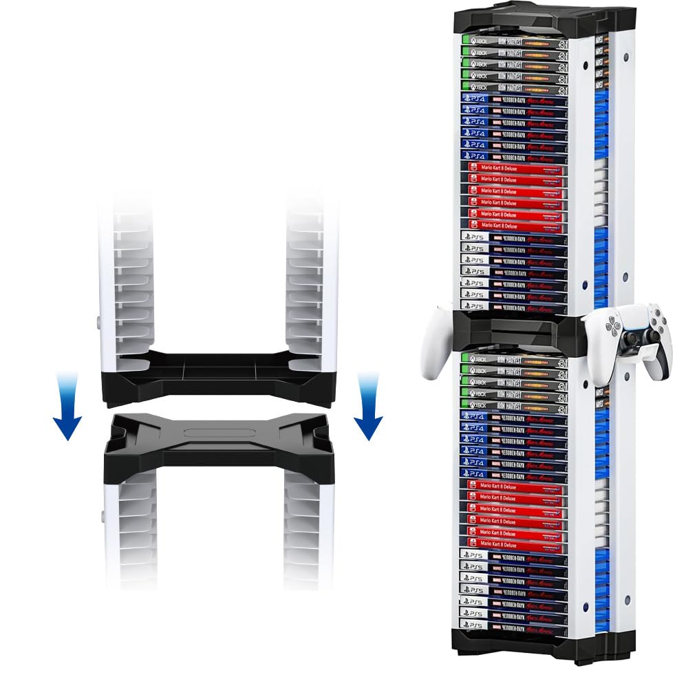 Tour de rangement pour PS5, PS4, Xbox Series X, Switch, et disques Blu-Ray Peut contenir 46 disques de jeu Avec 2 supports pour casque
