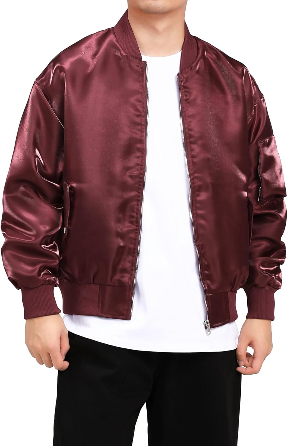 Men's Satin Bomber Jacket Full Zip Flight Coat with Sleeve Pocket