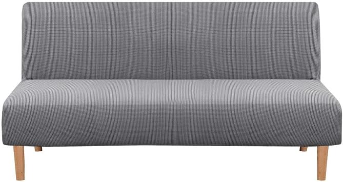 Armless Futon Cover ,Washable Stretch Sofa Bed Slipcover Protector Elastic Feature Rich Textured High Spandex Small Checks Jacquard Fabric Futon Cover Light Gray
