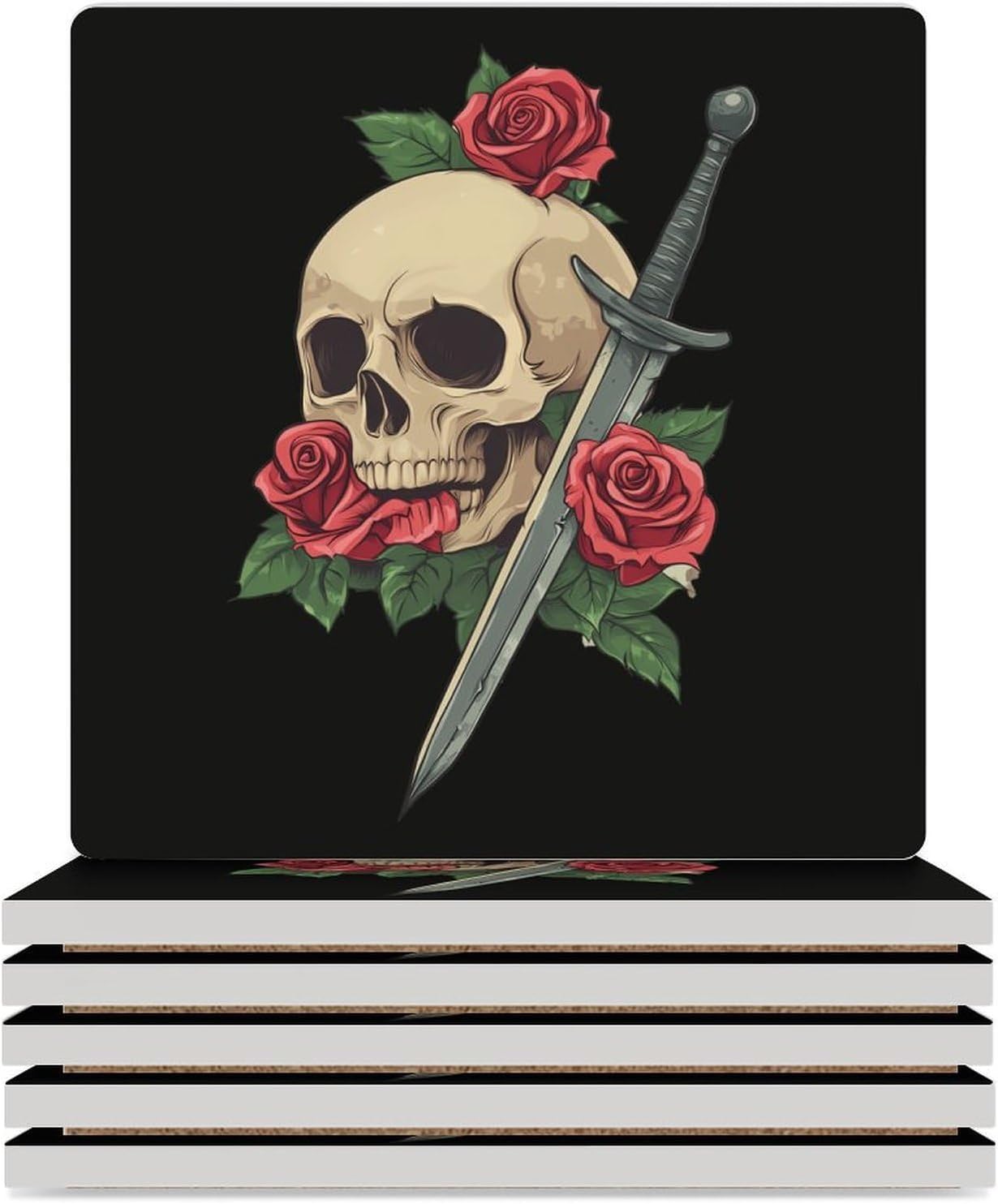 Sword Skull Coasters for Drinks Square Table Coasters Set Cup Mats with Cork Base