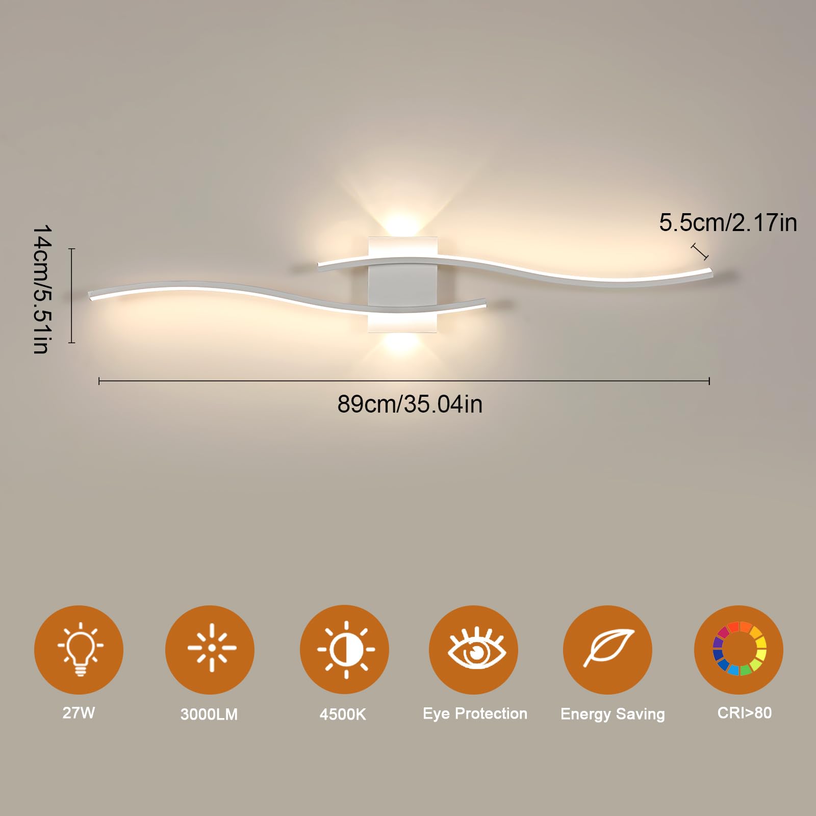 Comely Applique Murale Longue Intérieure 89.5 cm, LED Lampe Murale Blanc | 27W 3000LM, Applique Murale Interieur Moderne Design pour Chambre 4500k