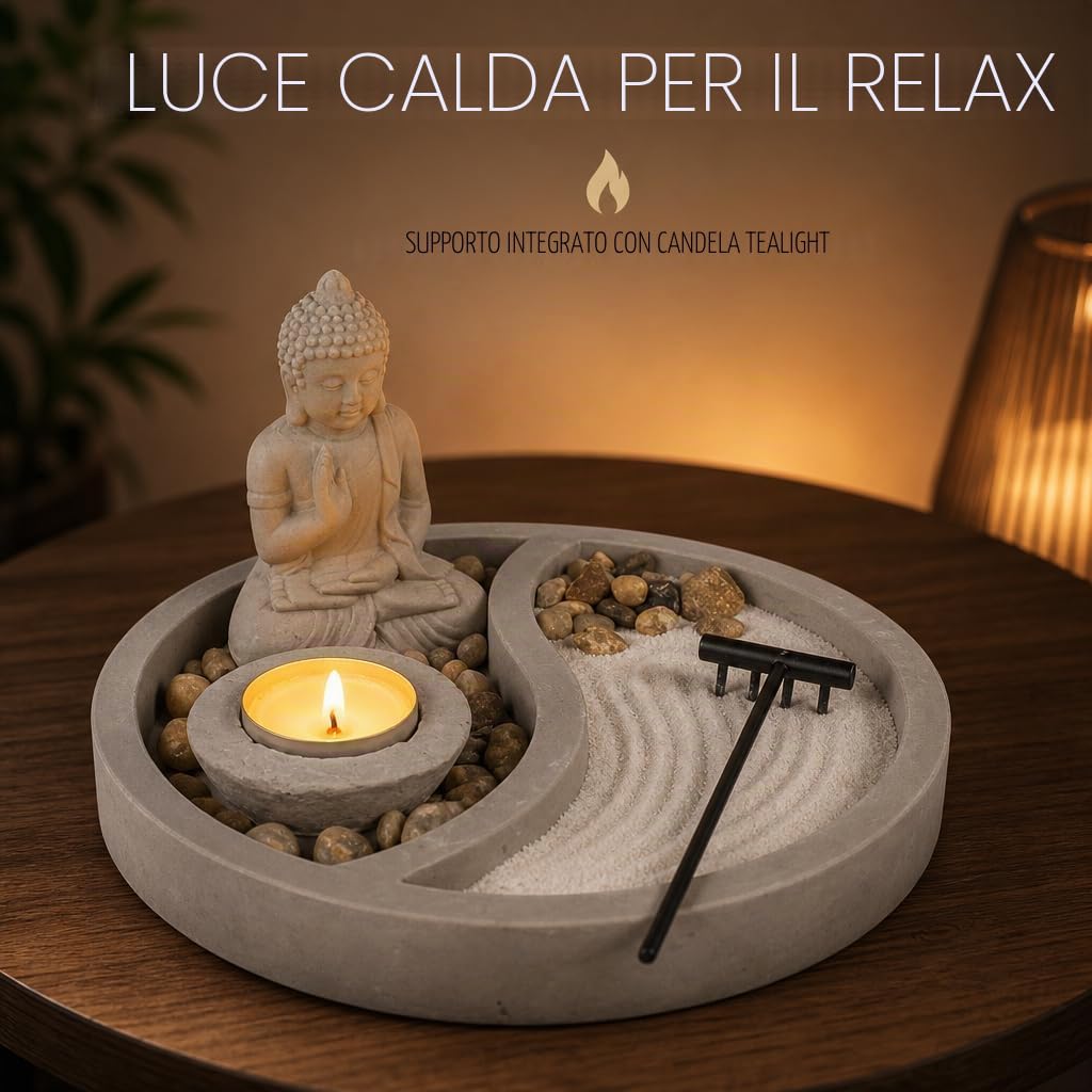 Mijoma Statuetta di Buddha su piatto di cemento con porta candeline, rastrello, pietre decorative e sabbia, set da giardino Zen per la pace e l'armonia (Ø 19 cm)