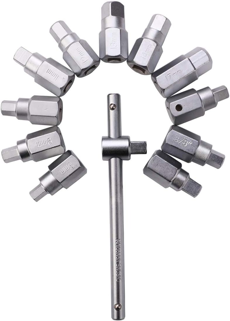 HERIS 12pcs Drain Plug Key Socket Set Axle Oil Sump Spanner 3/8" Drive Cars Vans Bikes