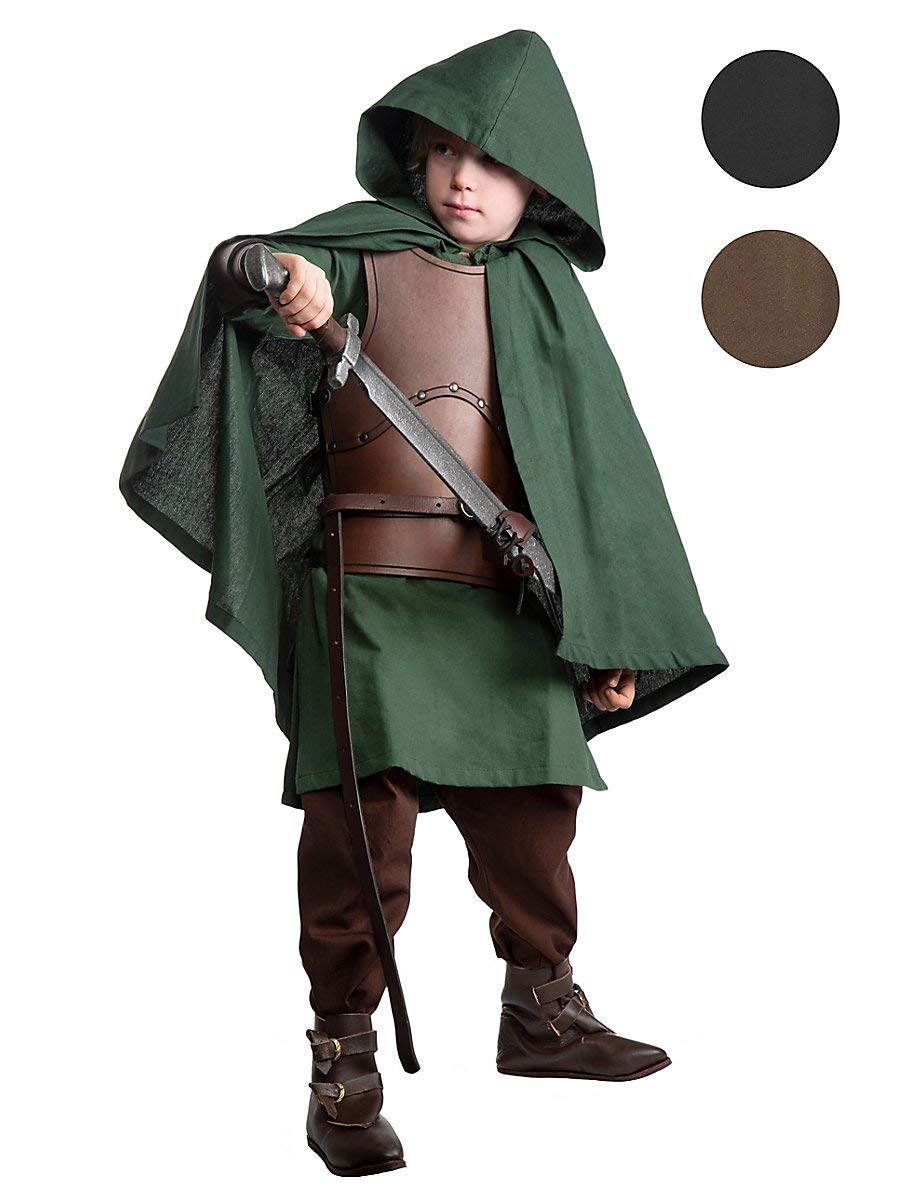 Andracor - Hochwertiger Mittelalter Kinder-Umhang mit Kapuze - universell einsetzbar für LARP, Mittelalter, Fantasy & Cosplay - Farbe: Braun - Größe: S-M