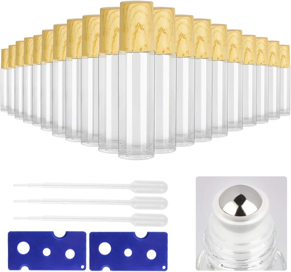 Tomorotec20-Pack 10mL Ultra Thick Clear Glass Essential Oil Roller Bottles w/Wood Grain Plastic Caps Value Set 2 Openers & 3 Pipettes, Stainless Steel Rollerball Applicators