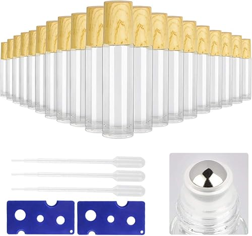 Miniatura 1 de Tomorotec Paquete de 20 botellas de rodillo de aceite esencial de vidrio transparente ultra grueso de 0.3 fl oz con tapas de plástico de grano de