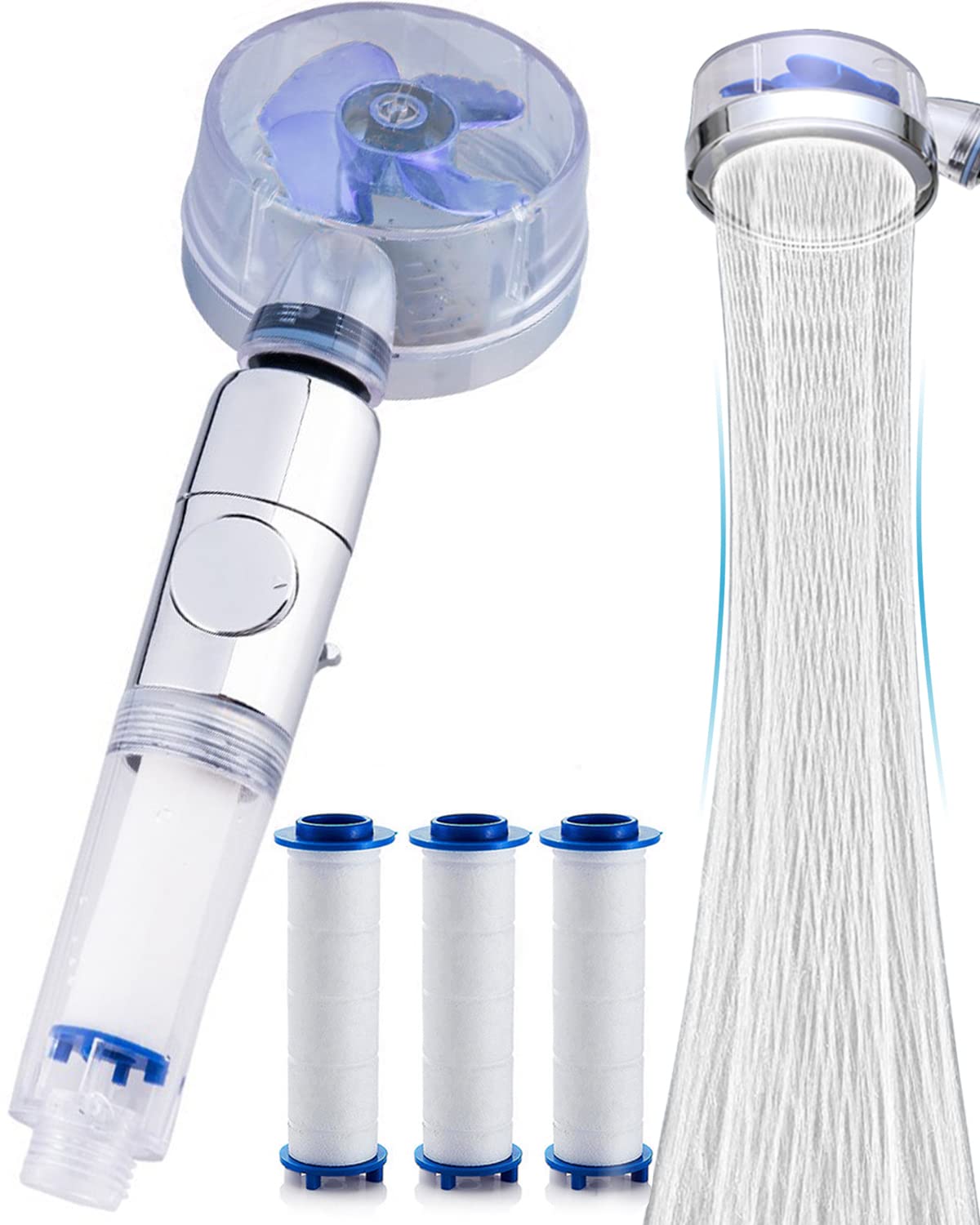 Hydro Jet Shower Head, High Pressure Propeller Shower Head with Filters and Pause Switch, Easy Install Replacement for Bath Turbocharged Spa Showerhead 360 Degrees Rotating(Transparent Blue)
