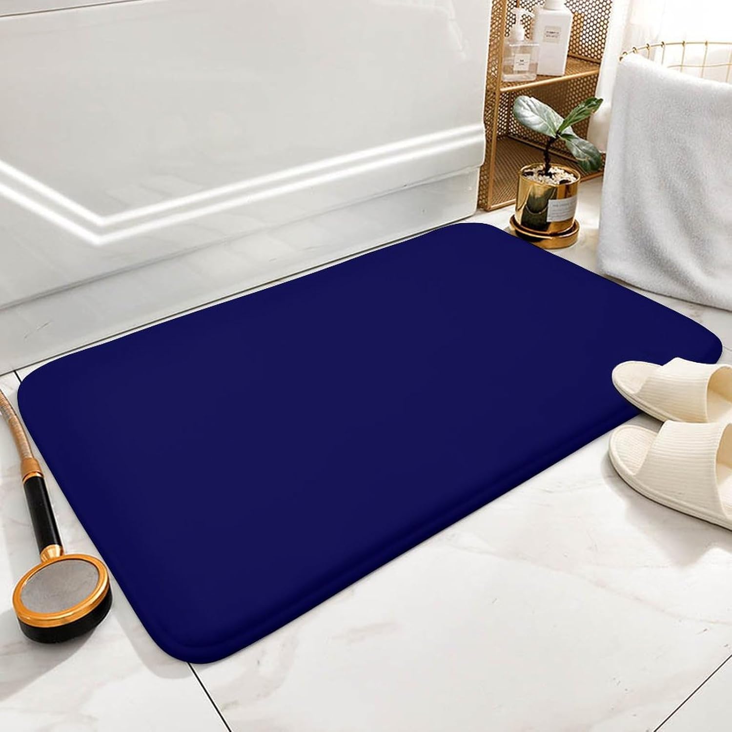Dark Blue Solid Color Elegant Simple Bathroom Rug, Non Slip & Soft Absorbent Bath Mat Carpets for Bathroom 20" x 32"