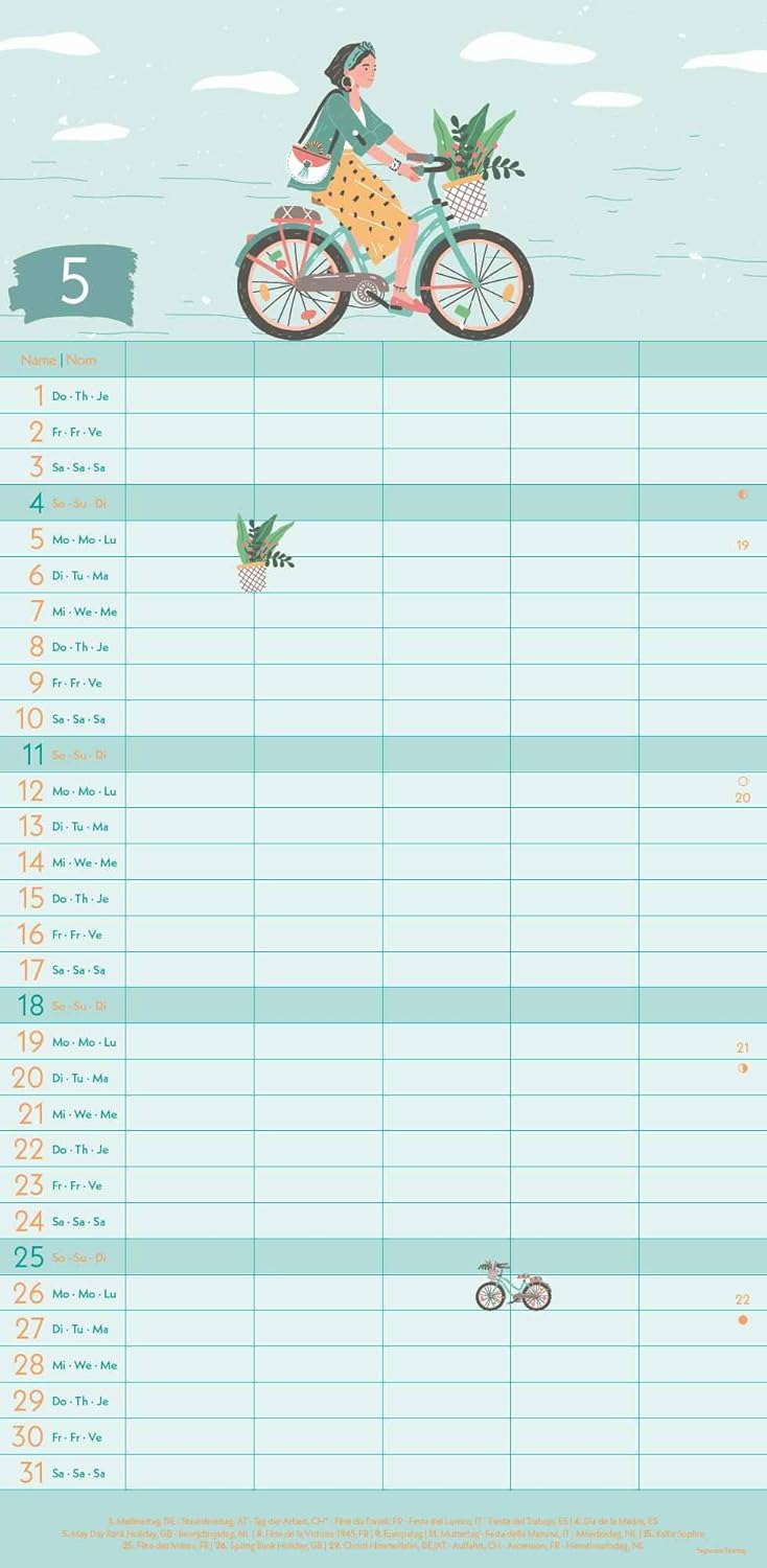 GreenLine - Green Vibes 2025 Family Planner, 22 x 45 cm, Family Calendar with Efficient Monthly Division in 5 Columns, for Family Organisation, School Holidays and Timetables, with Spiral Bound