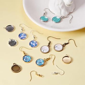 SUNNYCLUE 1 Box DIY 20 Pairs Cabochon Earrings Making Kit 40pcs Earring Bezel Earring Settings with 40pcs 12mm Clear Glass Cabochons, Earring Hooks(Dangle Earrings, 4 Color)