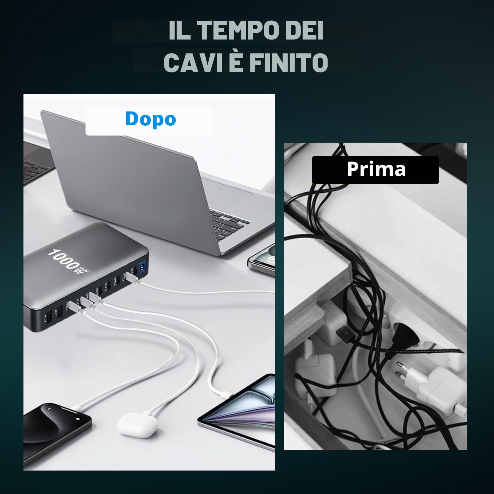1000W Caricatore USB Multiplo - 10 Porte (8 USB-C + 2 USB-A) con Ricarica Rapida, Stazione di Ricarica Compatta per Multi Dispositivi, Compatibile con MacBook, iPad, iPhone 16/15/14, Galaxy S22/S20