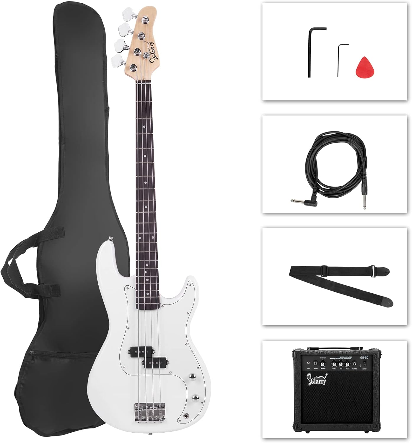 GLARRY Full Size Electric Bass Guitar Beginner Kit 4 String Exquisite Basswood Bass with 20W AMP, Cable, Strap, Bag and Accessories (White, 39"Right Handed)