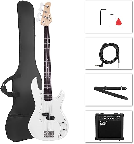 GLARRY Full Size Electric Bass Guitar with 20W AMP, 4 String Beginner Starter Kit with Accessories including Cable, Strap, Bag for Kids and Adults (White)