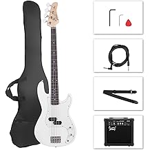 GLARRY Full Size Electric Bass Guitar Beginner Kit 4 String Exquisite Basswood Bass with 20W AMP, Cable, Strap, Bag and Accessories (White, 39"Right Handed)