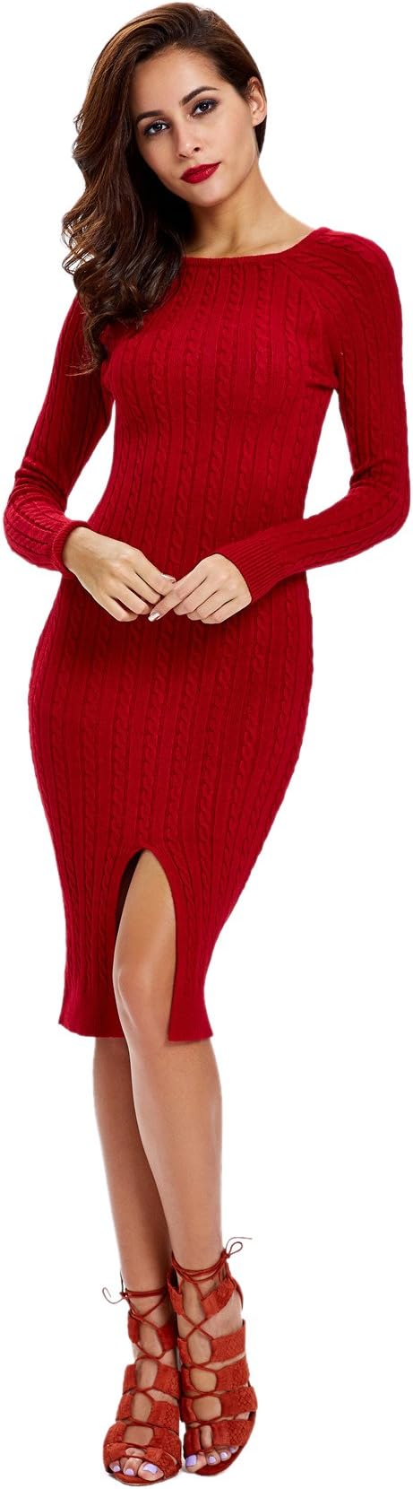 Women's Asymmetric Plain Sweater Bodycon Long Sleeve Crewneck Dress, Red, (One Size)