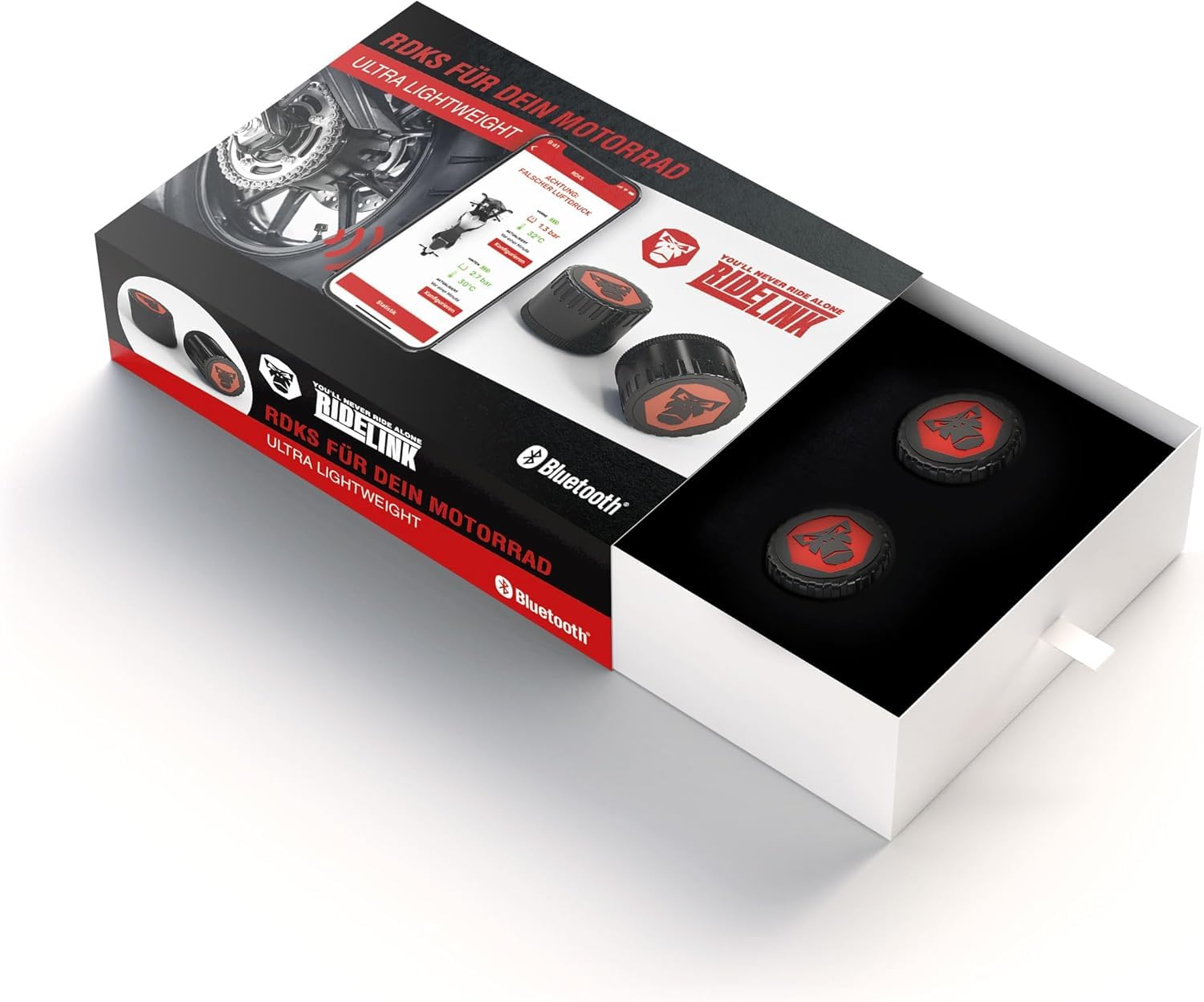 RDKS Sensoren - Präzises Reifentemperatur- und Reifendruckkontrollsystem Motorrad, 2 x TPMS Reifendrucksensor 3,5" Ventil, Bluetooth 5.0, Navigation, Tracking, Routenplanung, Made in Germany | Spezifikationen: Bluetooth: v5.0