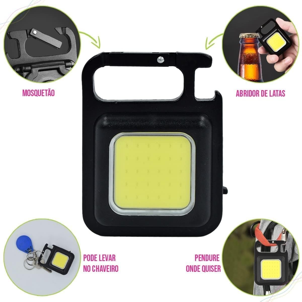 Mini Lanterna Multifuncional Cob, 4 modos de luzes Carregamento USB Lanterna Magnética à prova D'Água com Suporte Dobrável, Abridor de Garrafas Super Lanterna para Pesca, chaveiro recarregável brilhante de 800 lúmens Caminhada Acampamento