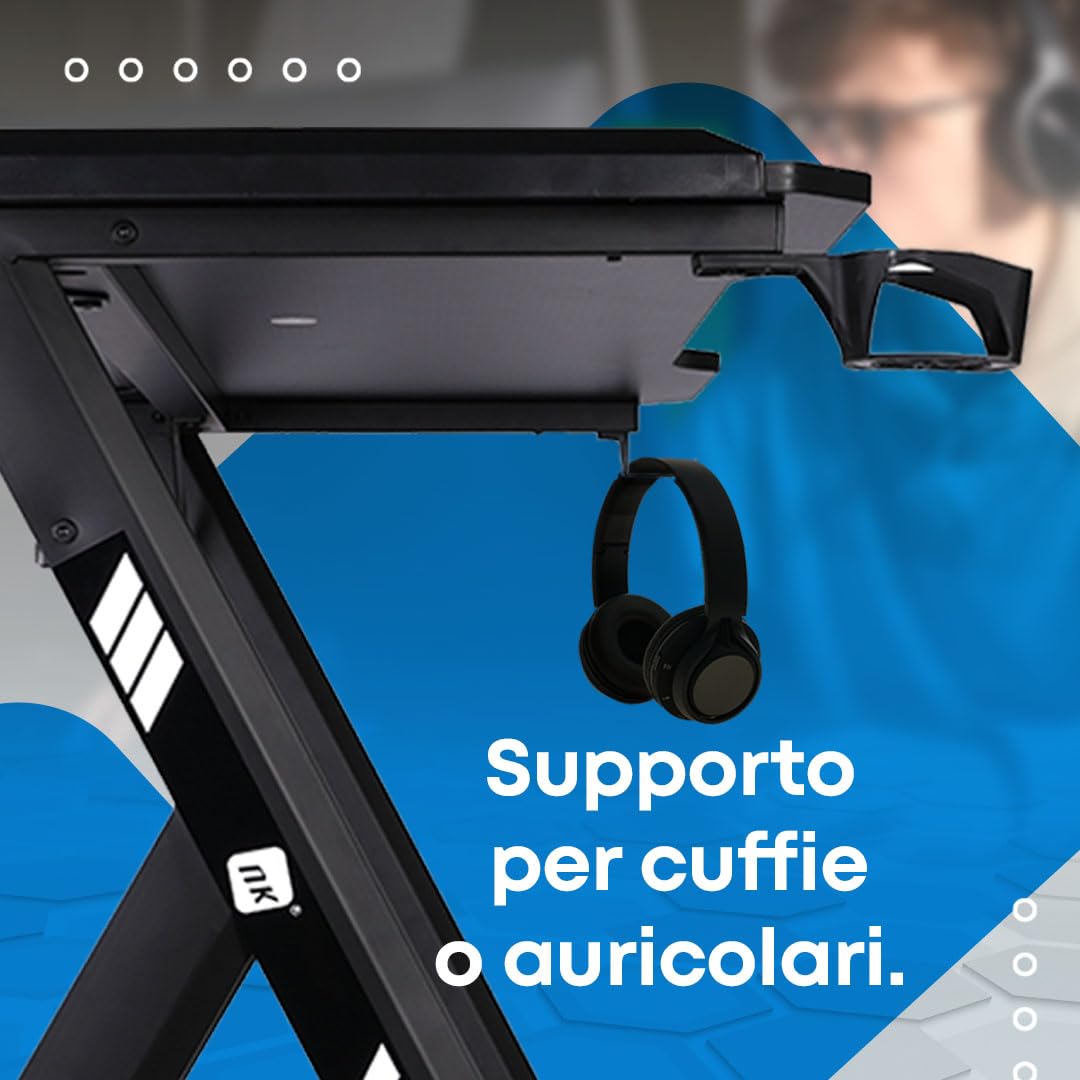 NK Scrivania Gaming LED Ergonomica (120X60cm) - Portabicchieri e Bottiglie, Supporto per Cuffie, Gestione dei Cavi, Scrivania Gaming, Tavolo 1.5cm (Resistenza) Peso Massimo Supportato 100kg - Bianco