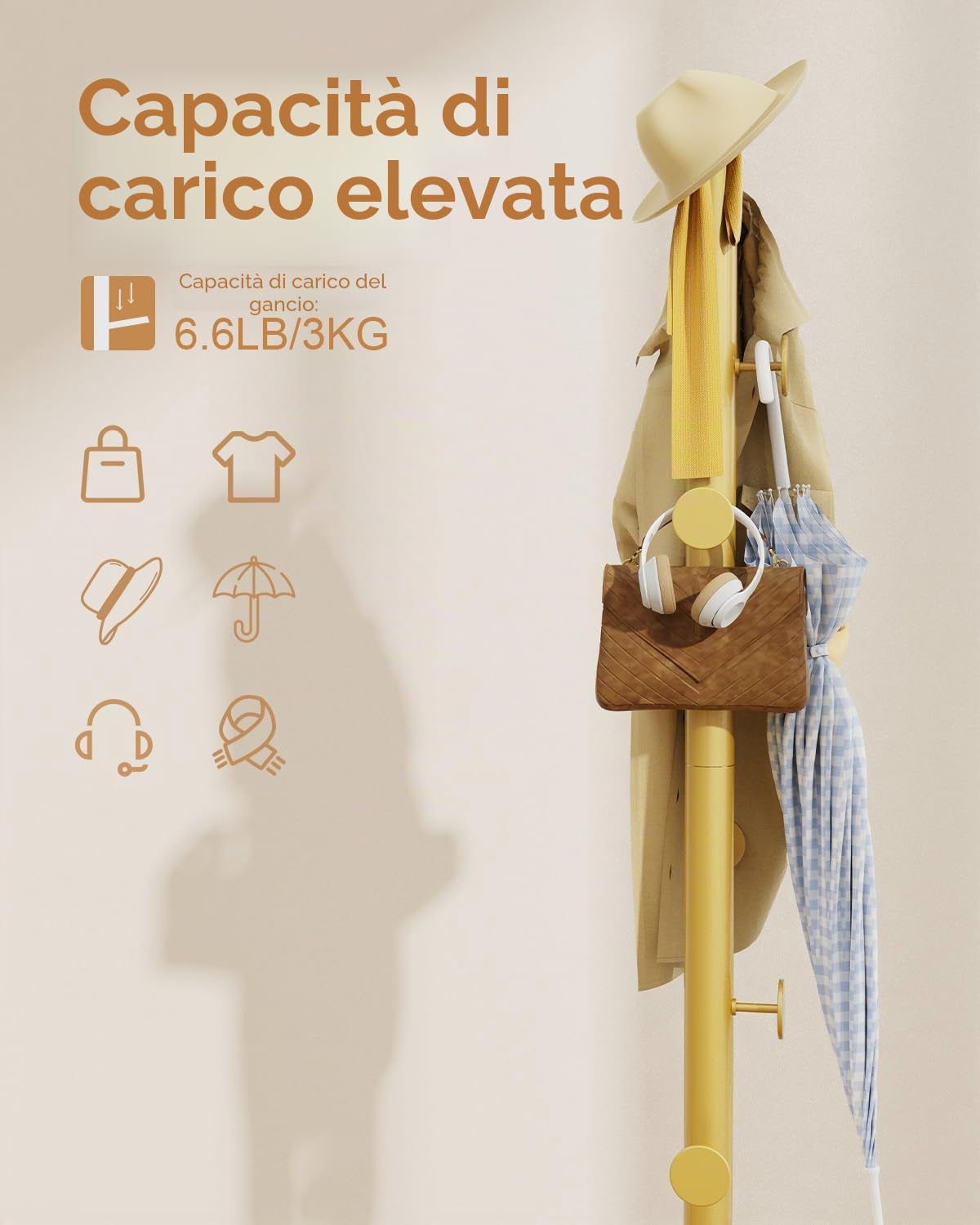 Appendiabiti Ingresso, Attaccapanni Piccoli in Metallo con 8 Ganci Metallici, 30 x 30 x 175, Giallo Dorato, GYJ002WJ
