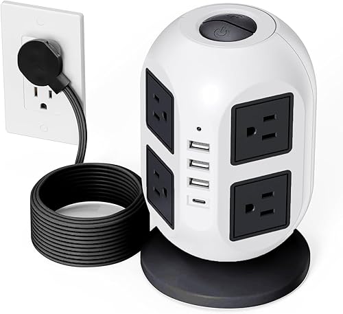SUPERDANNY 10ft Flat Plug Tower Power Strip with Surge Protection - 8 AC Outlets & 4 USB Ports (1 USB-C) Charging Station, with Long Flat Extension Cord, for Home/Office/Dorm (Black & White)