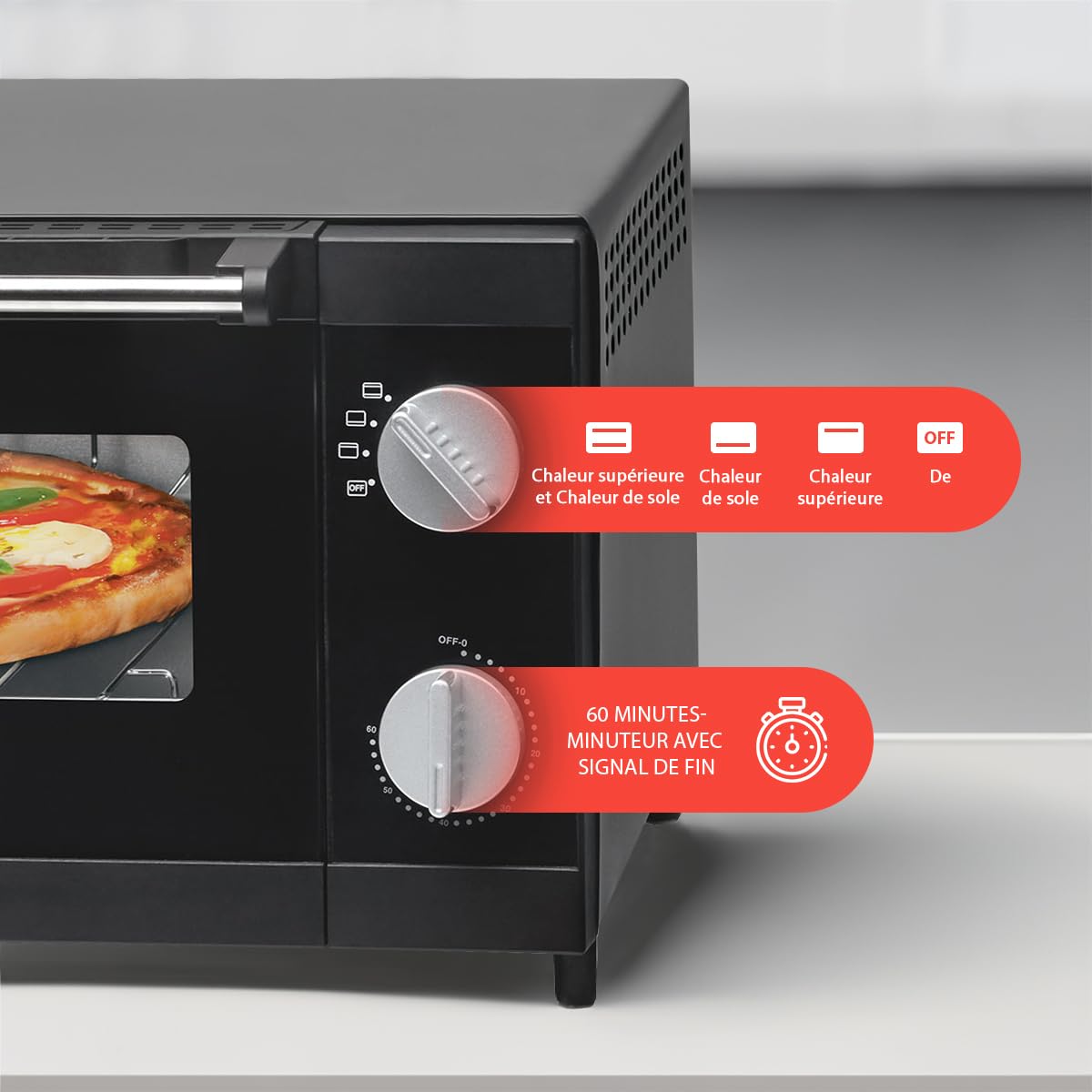 Clatronic Four à pizza avec espace de cuisson de 12 litres | idéal pour griller et réchauffer | Four avec chaleur supérieure et inférieure | Mini-four avec minuterie de 60 minutes | MPO 3520