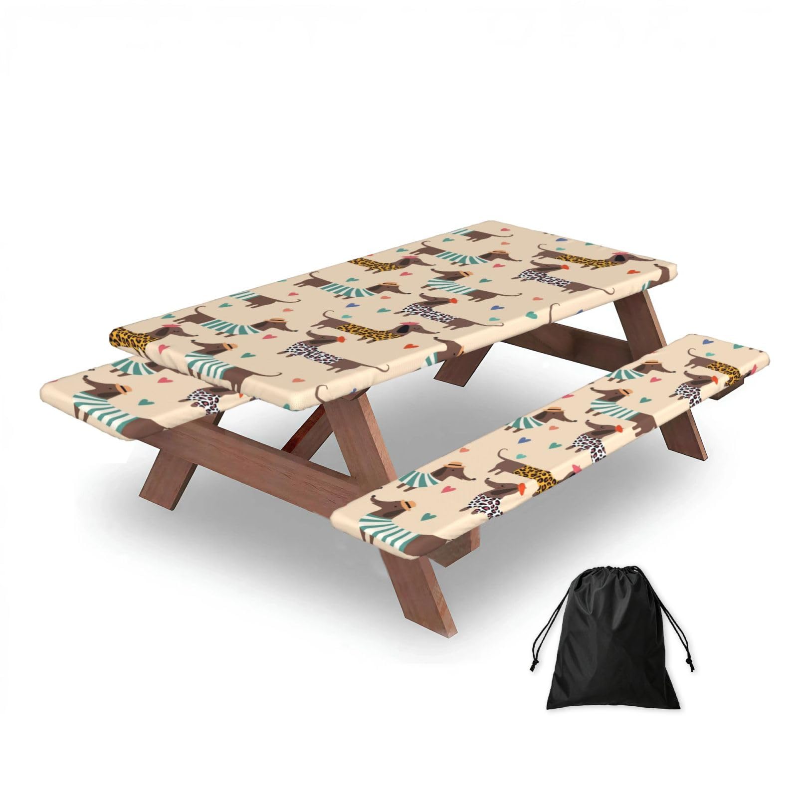 Dachshund Dog, Picnic Table Cover With Bench Covers -Waterproof Elastic Fitted Tablecloth for Garden Camping Patio 76x152cm