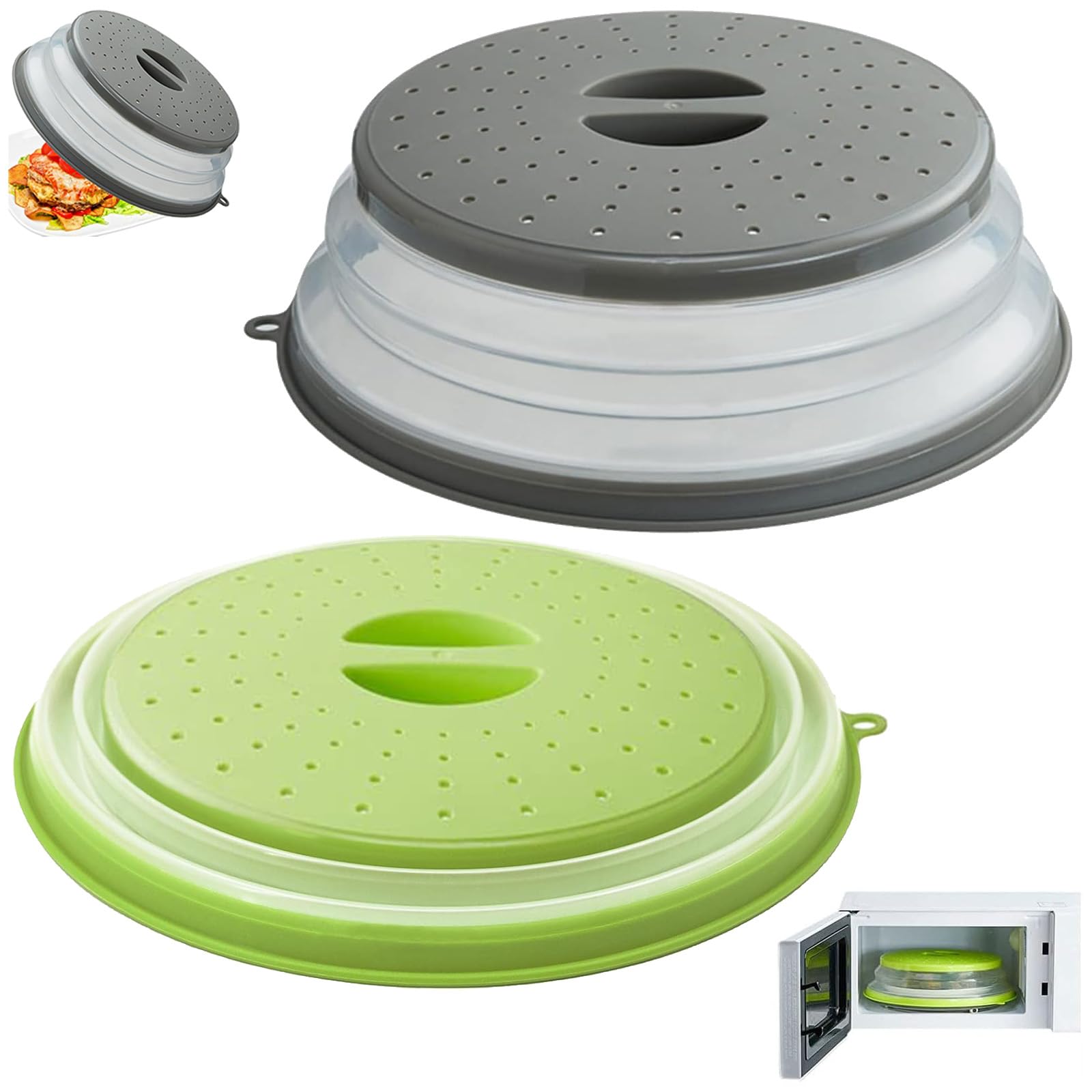 2Pcs Copertura Riscaldamento Antischizzi Microonde Pieghevole 26.5cm con Fori Vapore, Cesto Filtro Plastica con Ganci per Lavare Frutta Verdura Alimenti,Coprivivande Antispruzzo con Manico(Gris+Verde)