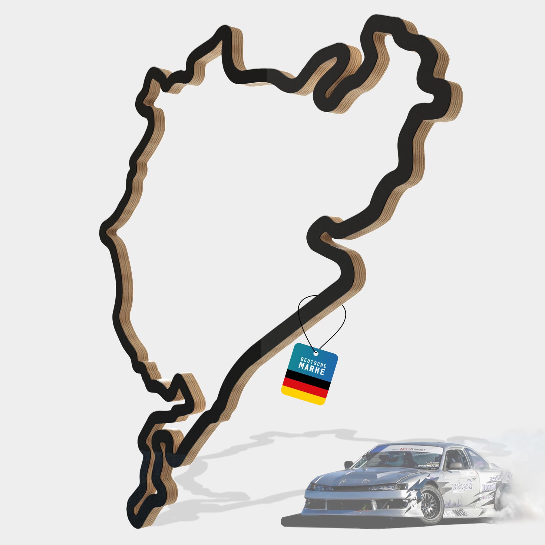 Nürburgring Holzskulptur Wanddeko – Komplette Rennstrecke aus einem Stück Holz | 92 cm | Handgefertigte Wanddekoration in Schwarz | Geschenk für Motorsport-Fans, Männerhöhle, Büro & Wohnzimmer