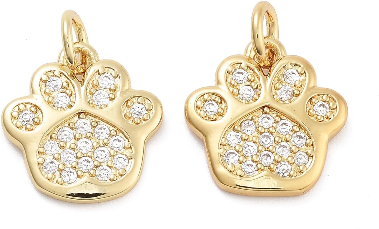 LiQunSweet 10 pcs Golden Color Pet Paw Theme Brass Cubic Zirconia Charms Cartoon Animal Cat Dog Charms for DIY Jewelry Bracelet Necklace Earring Keychain Craft Accessory