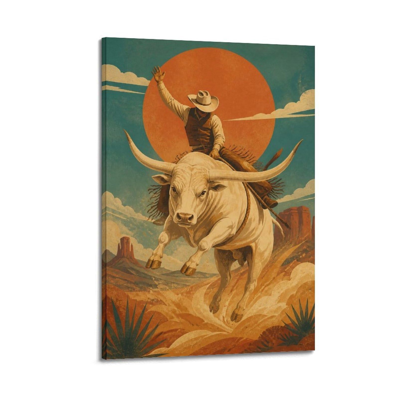 OKAHYS Southwestern Cream Longhorn Rodeo Bull Rider Poster Western Modern Decorative Canvas Prints - Ideal Wall Art for Family, Man Cave, Game Room, Boys & Girls Bedroom 16x24inch(40x60cm)
