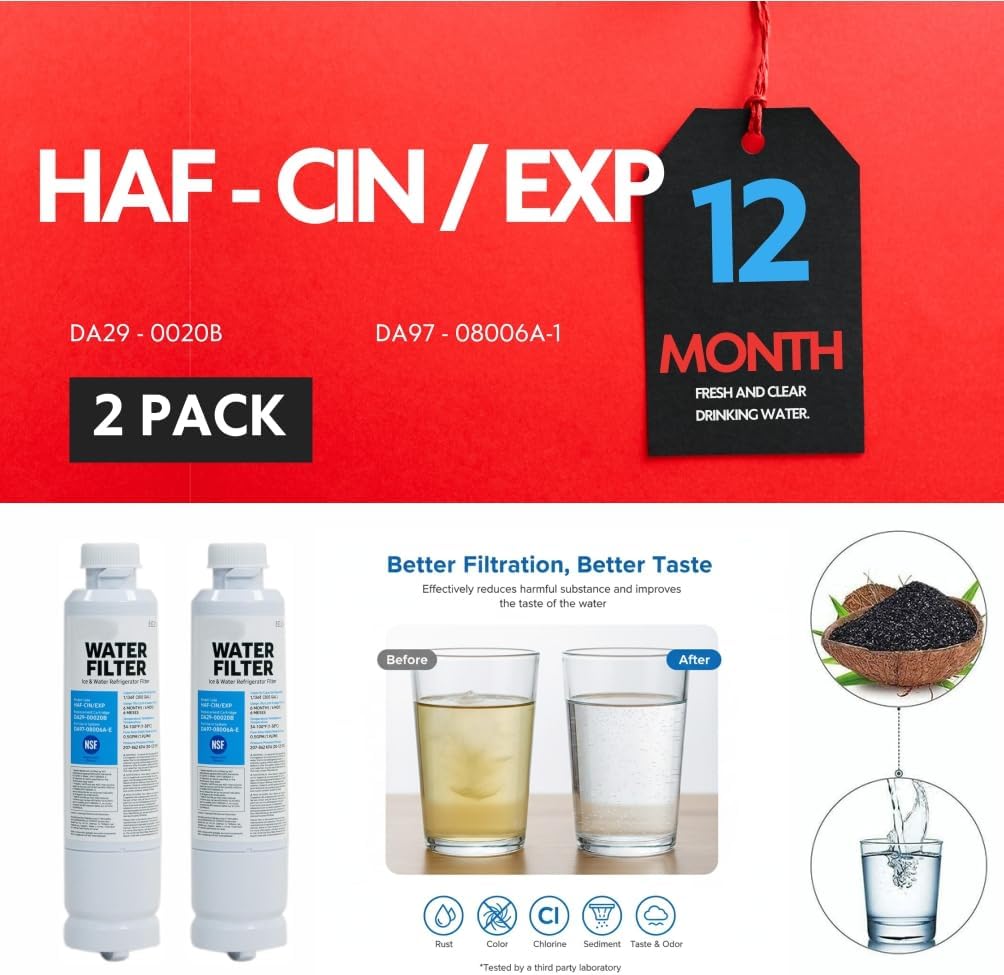 HAF-CIN/EXP DA29 Water Filter Replacement – Compatible with DA29-00020B – Carbon Block 99% Contaminant Reduction – Fresh Water & Ice – 12 Month Life 2 PACK