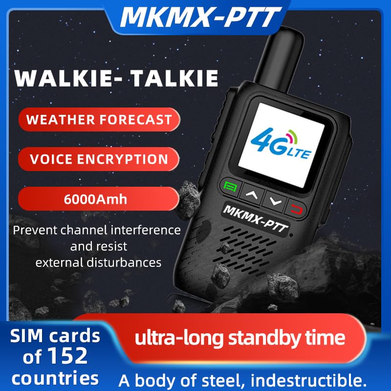 MKMX-PTT Walkie Talkie 4G LTE Szyfrowanie Głosu 6000mAh Kompatybilny z Kartami SIM 152 Krajów Prognoza Pogody Wysokiej Jakości Dźwięk Czarny (1)