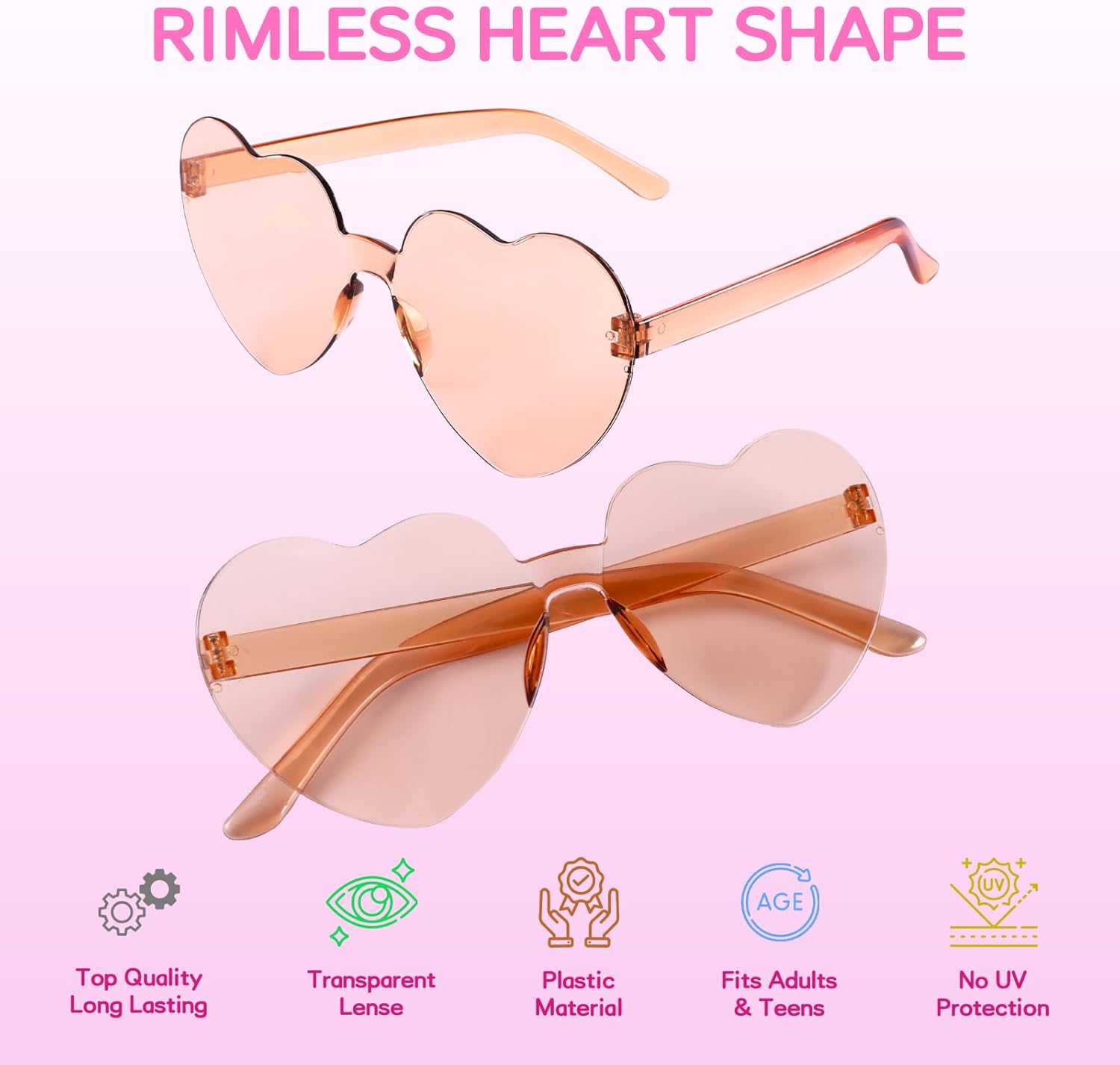 48 Pack Heart Shaped Sunglasses 12 Colors Unbreakable PC UV400 Protection, Trendy Rimless Glasses for Women Men Kids, Bulk Party Accessories for Beach Vacation Birthday Photo Props