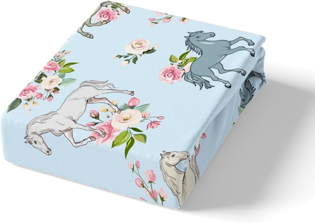 Horse Duvet Cover Twin Size, Farmhouse Western Cowboy Cowgirls Bed Sets for Kids Boys Girls Teens, Cartoon Kawaii Horse Comforter Cover Bedroom Decor, Rustic Rose Floral Bedding Set + 1 Pillow Case