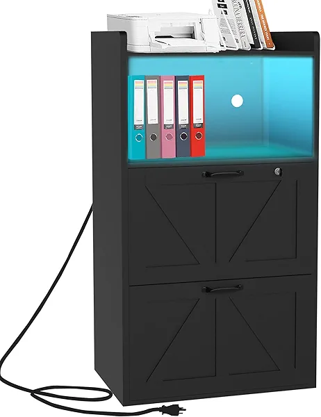 BTDWI 2 Drawer Lateral File Cabinet with Charging Station, Wood Filing Cabinet with Lock & LED Light, Large Storage Printer Stand for Home Office, Black