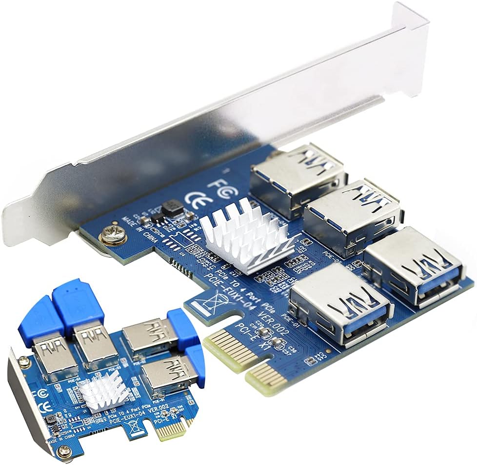 Pcie Splitter 1 to 4 PCI Riser Card, 4 Risers into 1 PCI Card, PCIe Multiplier Risers 1X to External 4 PCI-e USB3.0 Adapter for ETH Miner GPU Crypto Bitcoin Ethereum Mining Rig