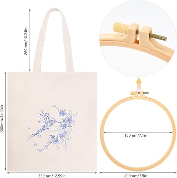 JSRQT Beige Canvas Tote Bag Embroidery Kit for Beginners, Hummingbird Floral Stamped Cross Stitch Starter Kit for Adults, DIY Handmade Needlepoint Craft with Tools, Instructions, Needle, and Thread