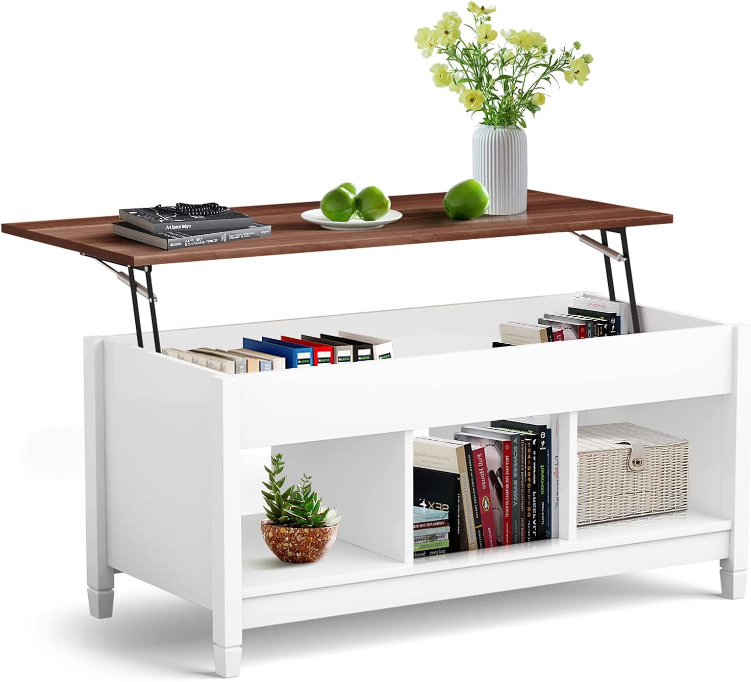 KOTEK Lift Top Coffee Table with Hidden Compartment & Open Shelves, Modern Coffee Table with Storage, Accent Table Lift-Top Table for Living Room, Reception Room (White)