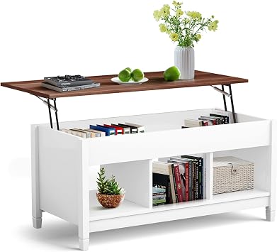 KOTEK Lift Top Coffee Table with Hidden Compartment & Open Shelves, Modern Coffee Table with Storage, Accent Table Lift-Top Table for Living Room, Reception Room White