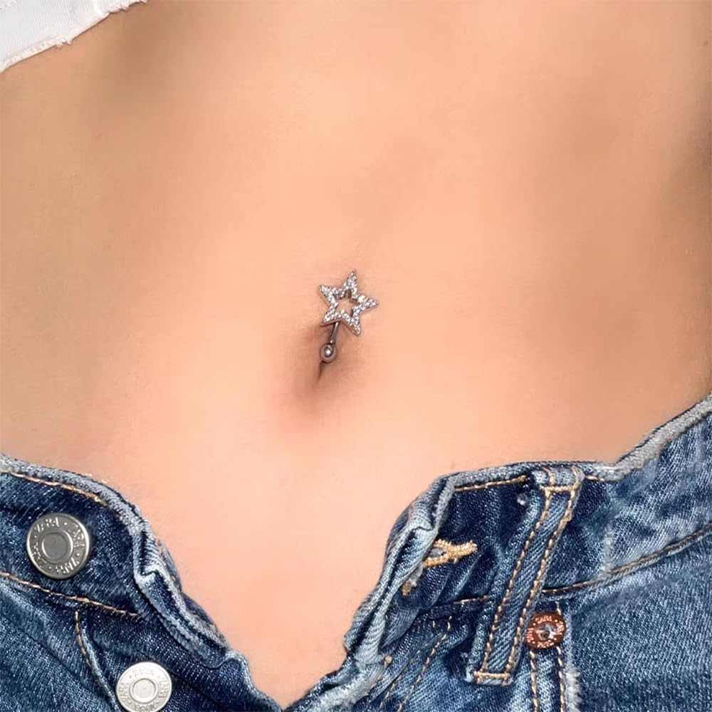 2 Pcs 14G Heart Star Reverse Belly Button Rings for Women Girls Surgical Steel Glitter CZ Halo Curved Navel Barbell Simple Body Piercing Jewelry - Image 3