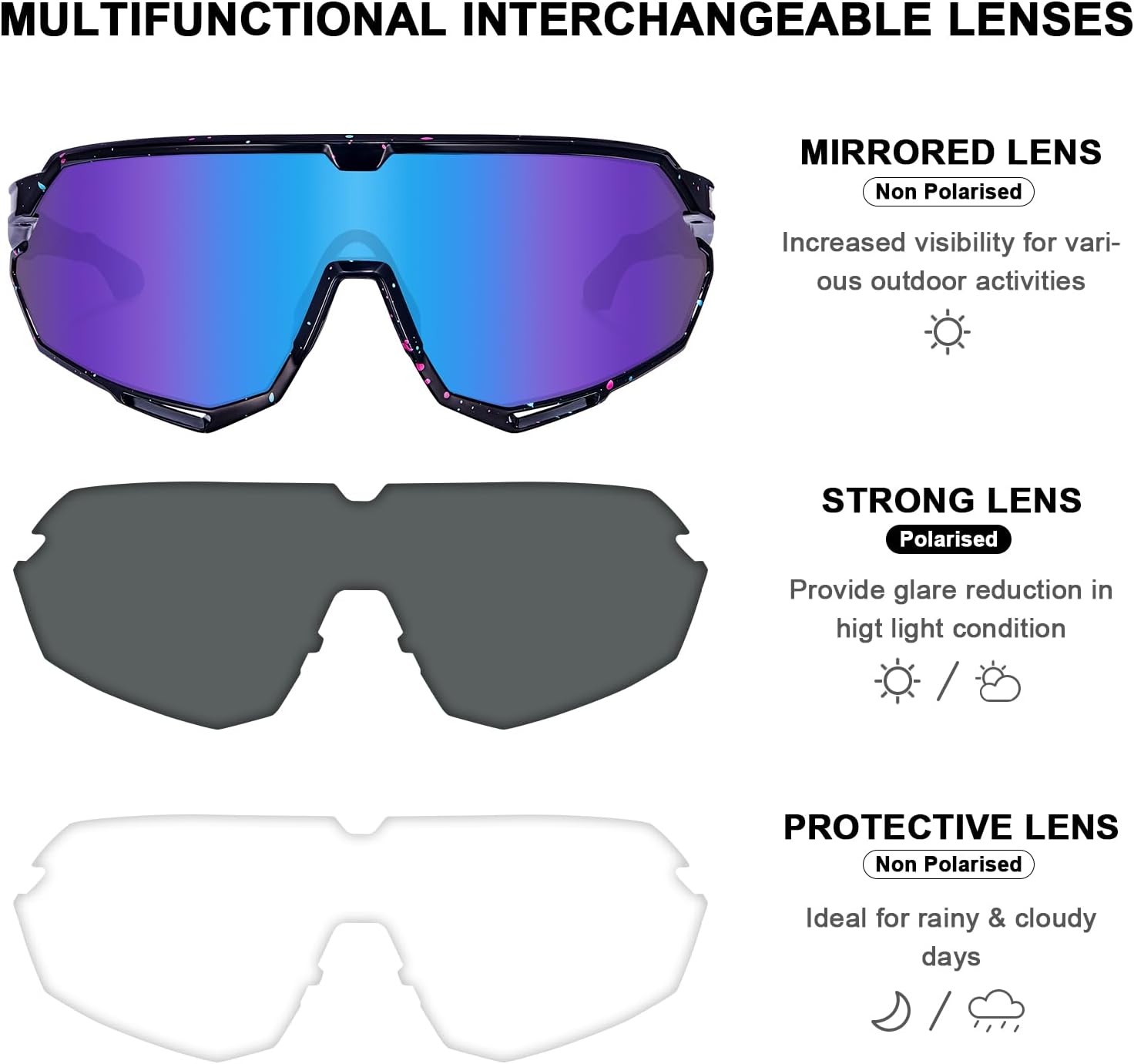 CARFIA Polarized Cycling Sunglasses for Men - 3 Interchangeable Lenses UV400/Shockproof/HD Vision CA5390